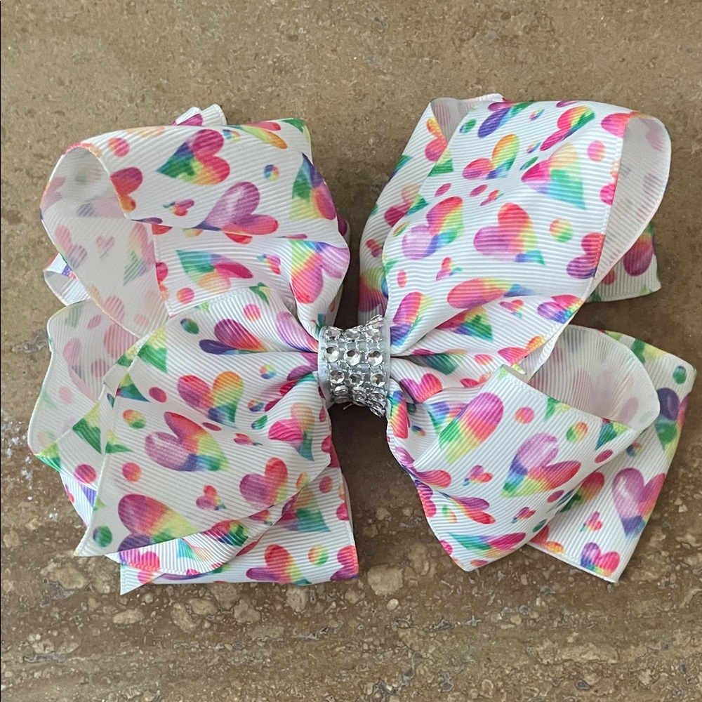 Large Rainbow Heart Hair Bow with Rhinestone Accent